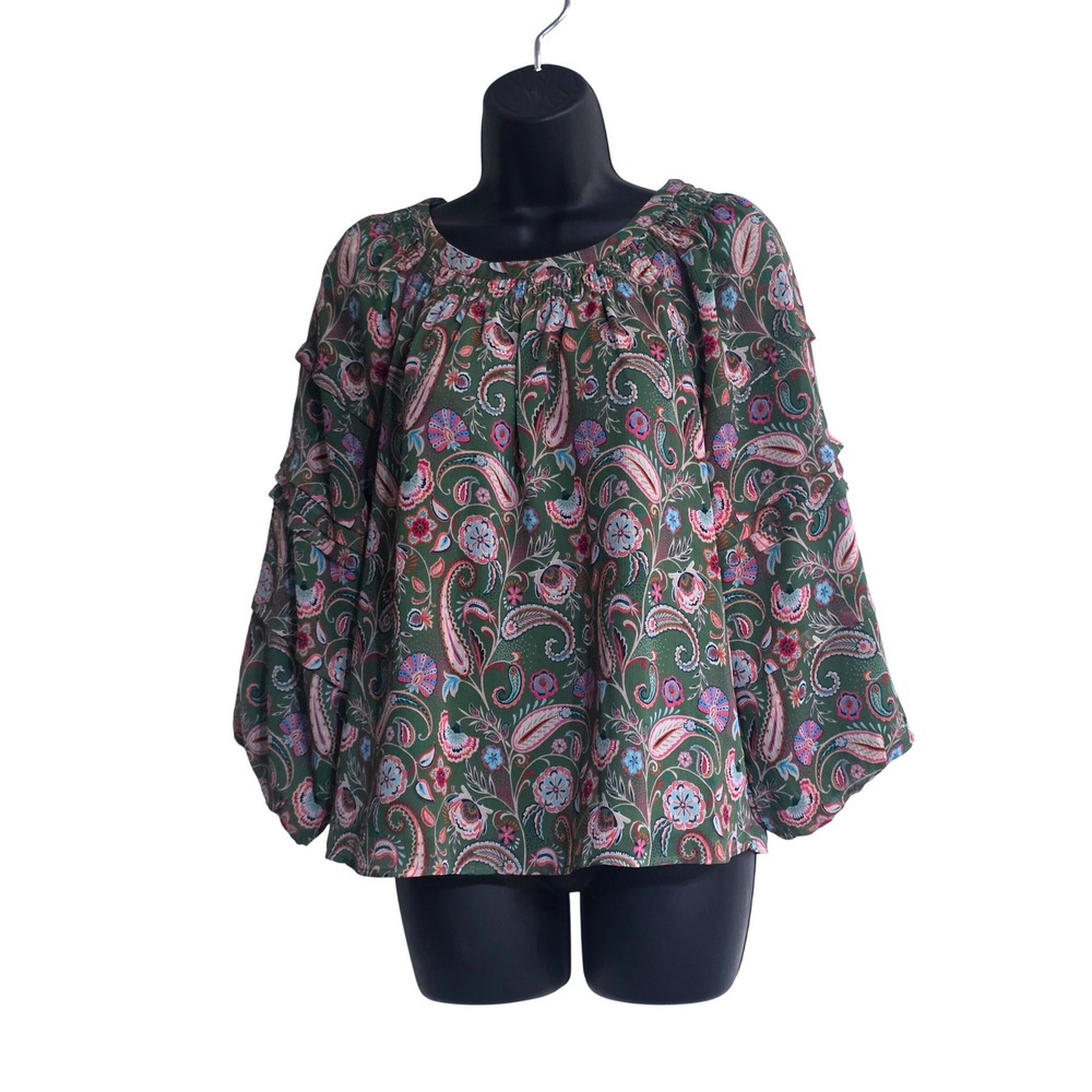 LOFT Womens Green Paisley Smocked Scoop Neck Tiered Ruffle Blouse XS RN140923